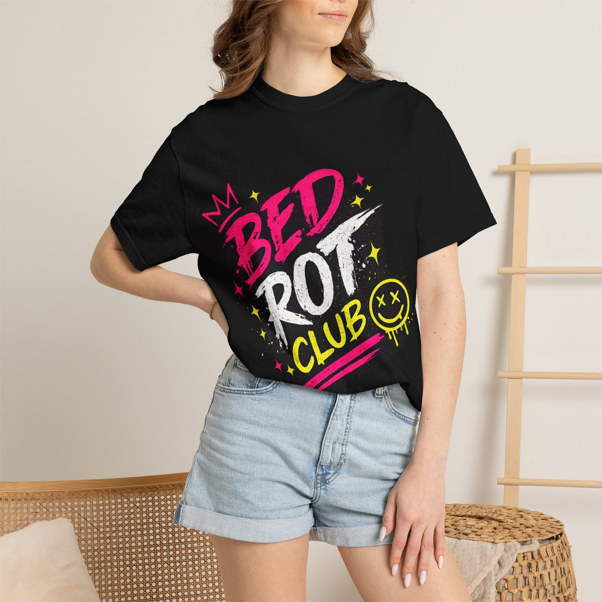 Bed Rot Club heavyweight tee close-up