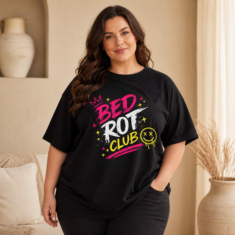 Curvy plus-size woman wearing the black Bed Rot Club oversized Comfort Colors tee