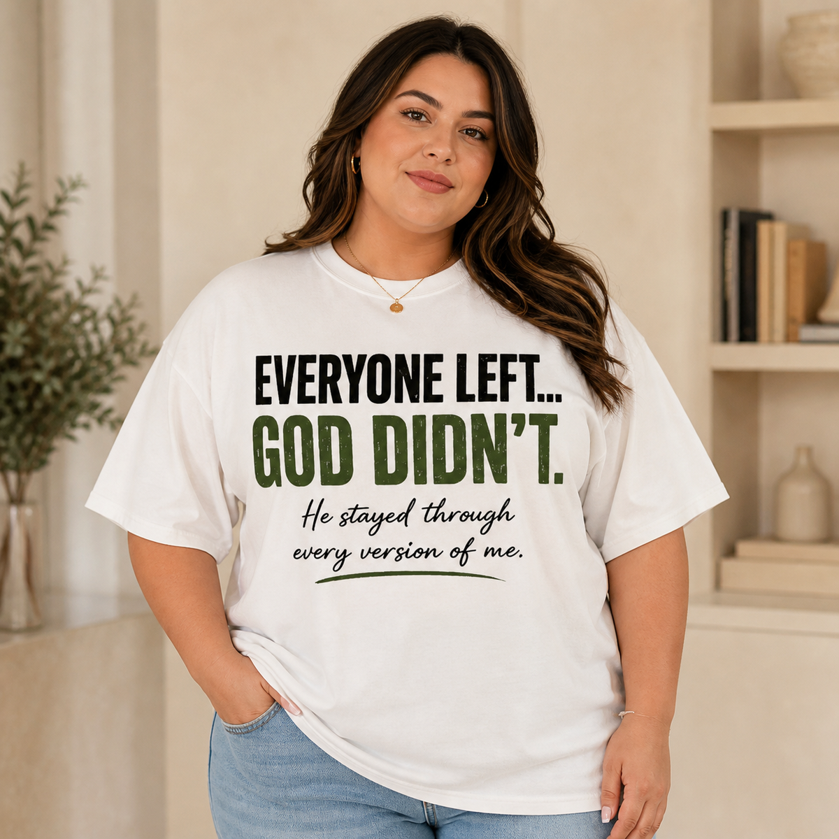 Curvy plus-size woman wearing the white Everyone Left God Didn't oversized Comfort Colors tee