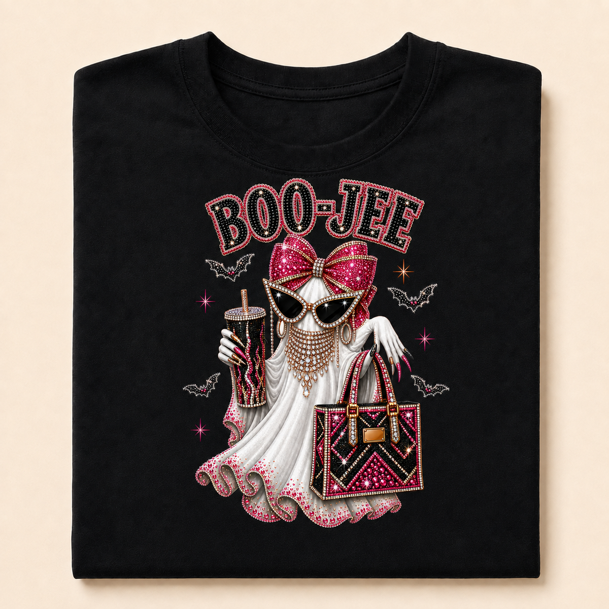 BOO-JEE Faux-Rhinestone Halloween Shirt – Sparkly Oversized Ghost Tee