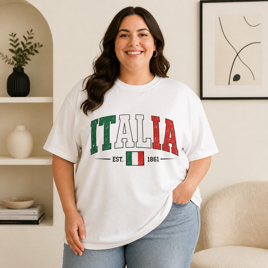 Curvy plus-size woman wearing the white Italia oversized Comfort Colors tee