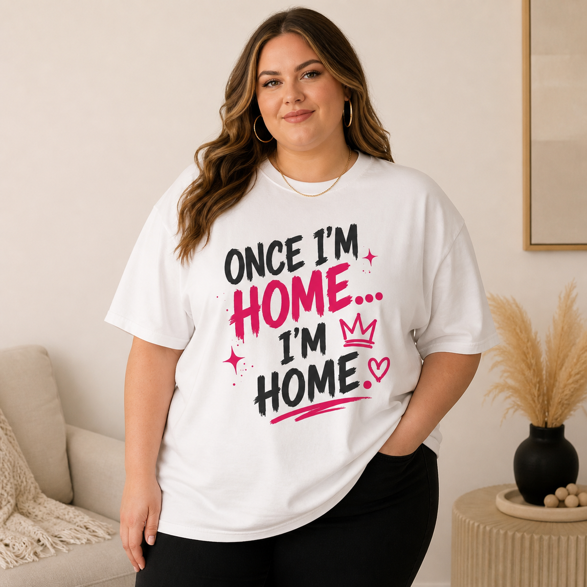 Curvy plus-size woman wearing the white Once I'm Home oversized Comfort Colors tee